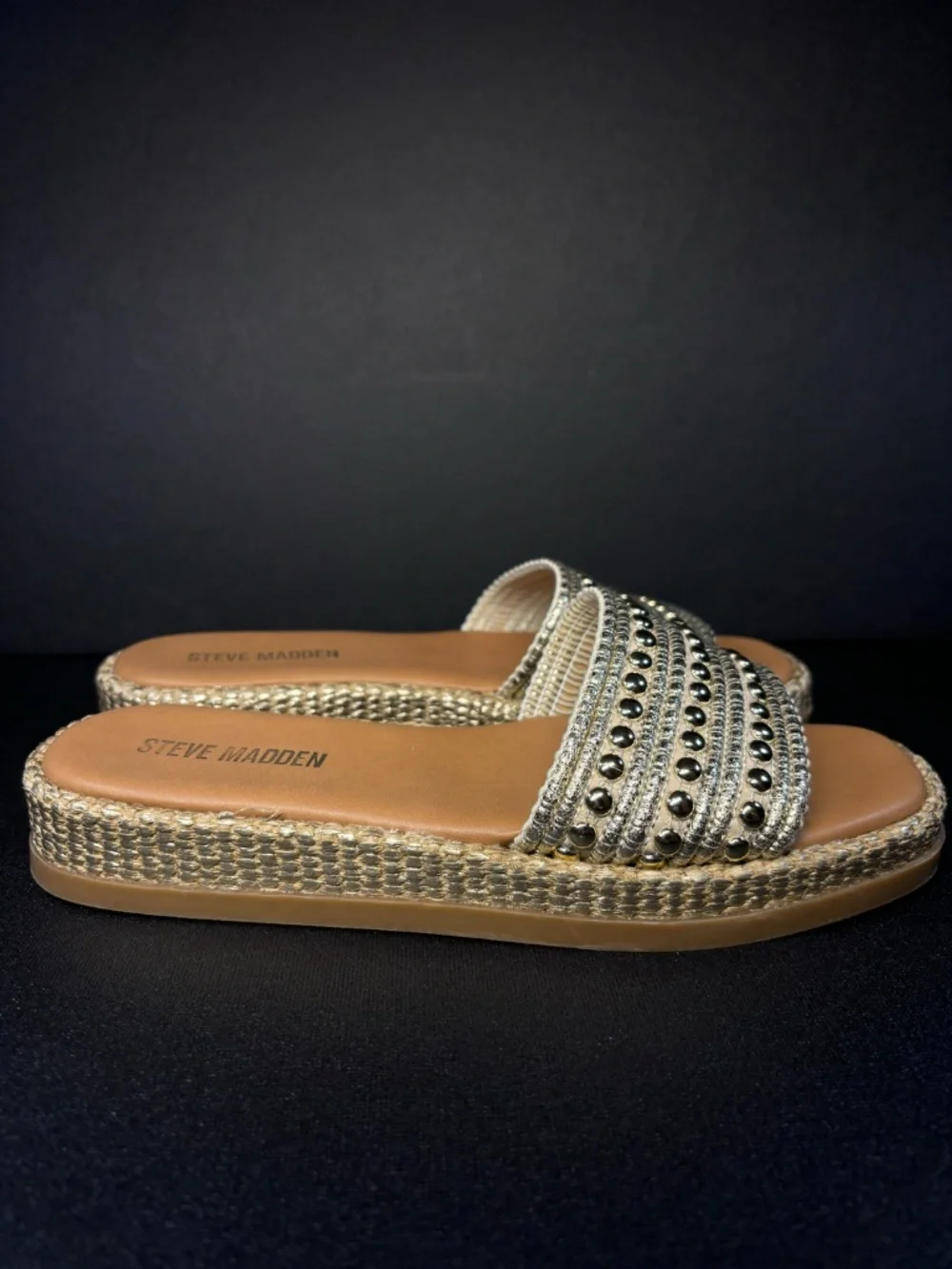 Steve Madden Boardwalk Studded Espadrille Platform Slide Sandals 8.5